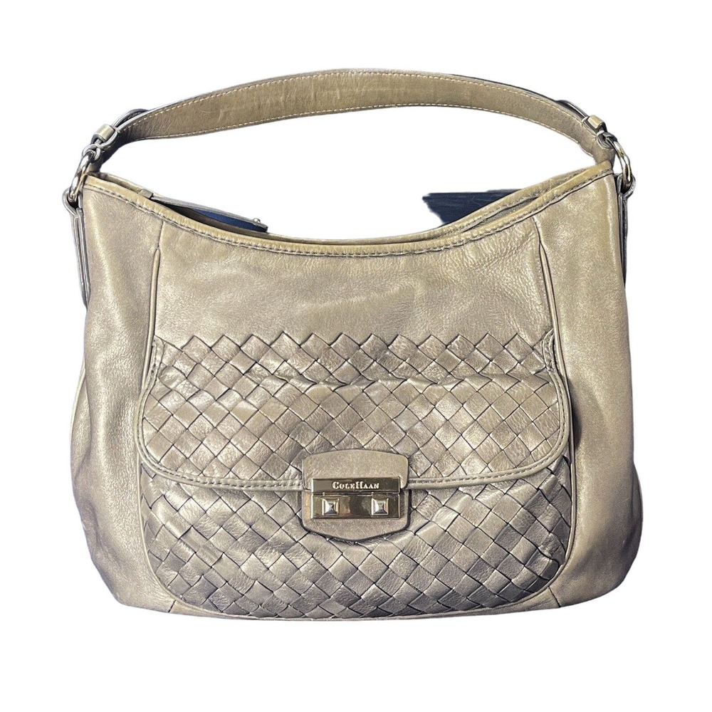 Cole Haan Handbag pewter weaved leather 13" long 10" tall silver tone hardware